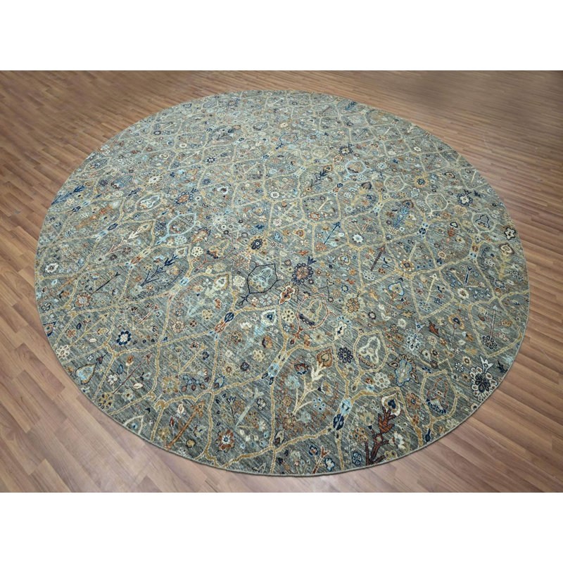 Tapis oriental rond en laine vert noué à la main New, Rond 11 pi 10 po