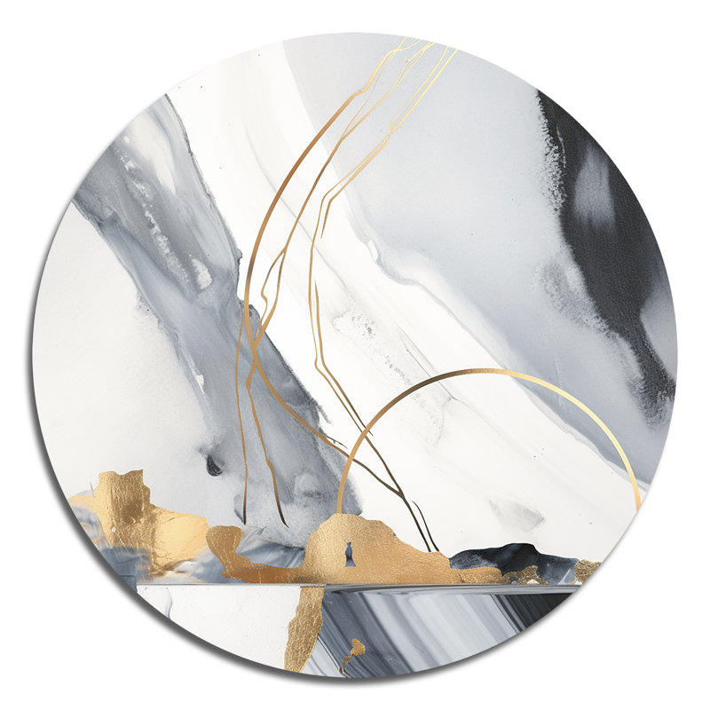 Fusion de marbre noir et or noir III - art abstrait rond en marbre sur métal, H 36 po x l 36 po x P 1 po
