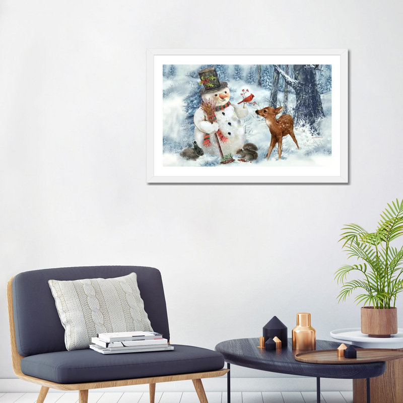 « Woodland bonhomme de neige » par Giordano studios-impression, Blanc, H 24 po x l 32 po x P 1 po, Papier encadré blanc