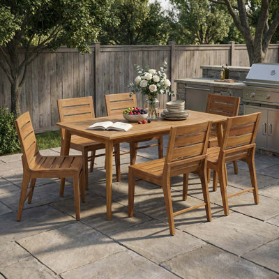 7-Piece Outdoor Acacia Wood Dining Set, 71-Inch Rectangular Table With 6 Curved Ergonomic Slatted Back Chairs  For Garden, Backyard