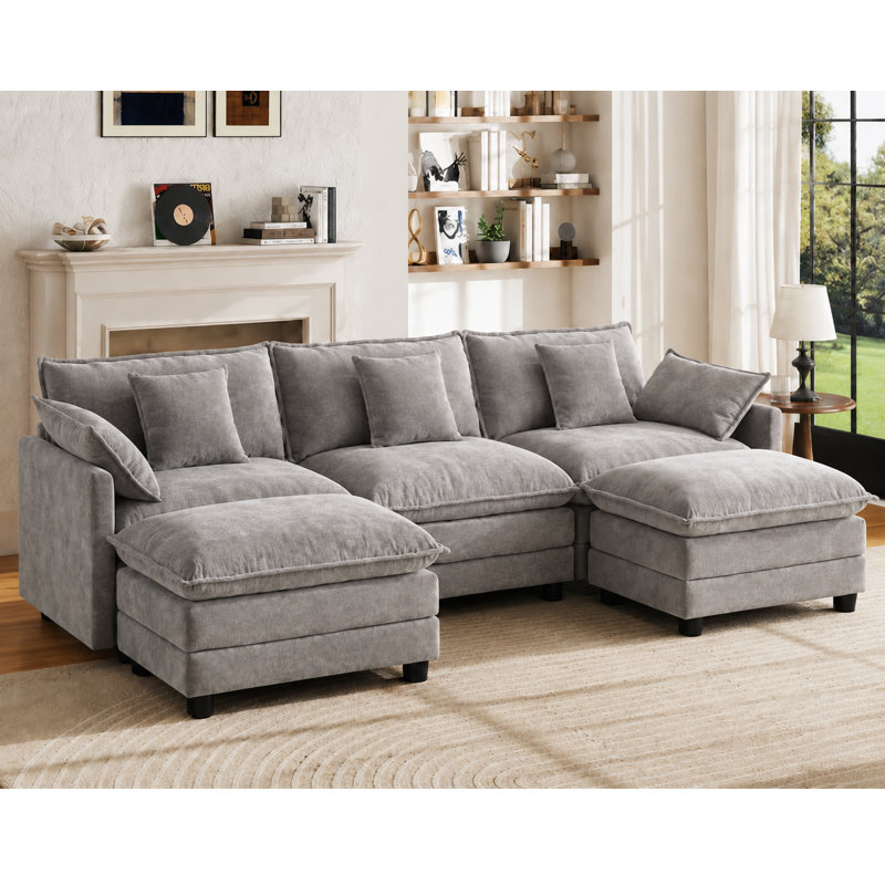 Arale 98'' Chenille Upholstered U Shaped Modular Sectionals, Bella Green Chenille