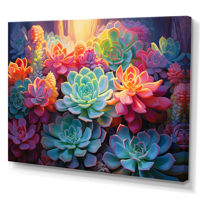 Plantes grasses colorées, crépuscule - impressions murales florales, H 34 po x l 44 po x P 1,5 po, Toile tendue