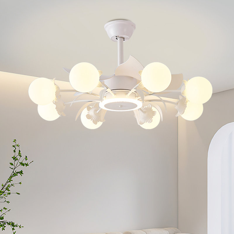 Ventilateur de plafond lustre 31 "avec lumière et télécommande avec abat-jour sphérique laiteux, Crème