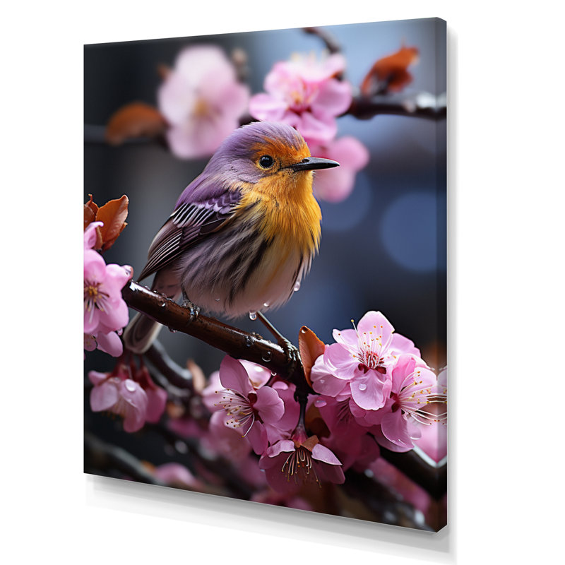 Oiseau jaune sur une fleur de cerisier III sur toile, H 40 po x l 30 po x P 1,5 po, Toile tendue