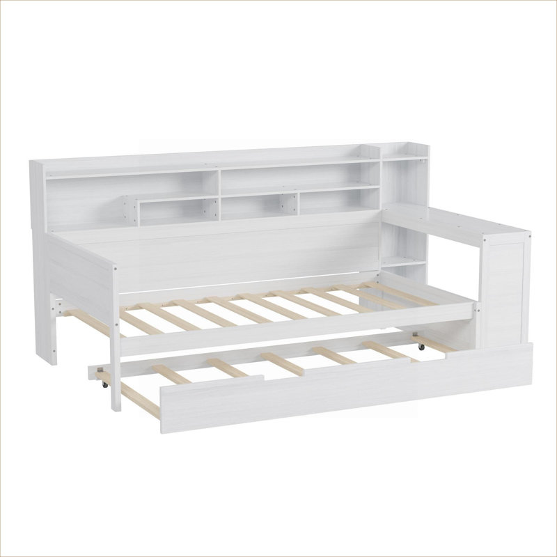 Lit de jour compact en dortoir compact et petite chambre d'amis en bois, lit simple blanc doux avec lit gigogne, bureau d'étude et tablettes de rangement