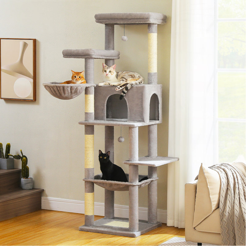 Grand arbre à chat, tour de chat en bois de 73 pouces de haut avec 2 hamacs spacieux, 2 lits à dessus grand, 8 poteaux entièrement grattants et poteaux en bois naturel, arbre à chat multi pour chats d'intérieur