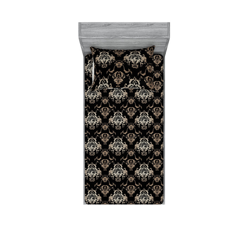 Ambesonne Fitted Sheet & Shams, Twin XL Sheet Set with 1 Pillowcase, Charcoal Gray/Tan Flower