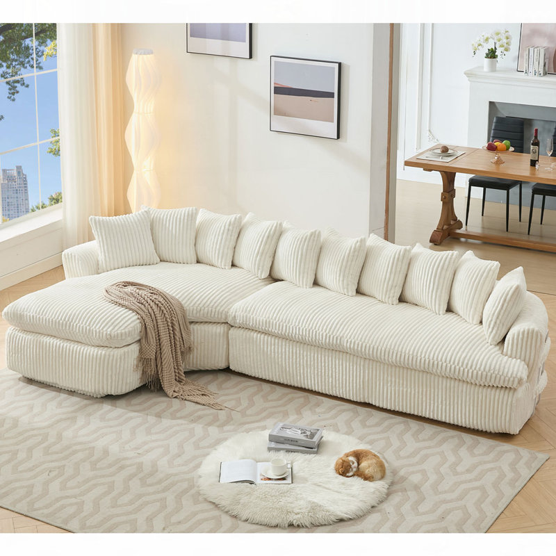 Grand canapé modulaire 127 po, Velours côtelé beige, 21 po H x 29 po P