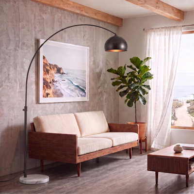 Half Dome 92" Arc Lamp - Black Nickel, White Marble Base, Half-Dome Black Nickel Shade, Dimmable, Bulb Included