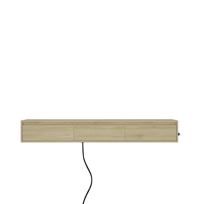 Meuble télé mural flottant de 165 cm avec éclairage DEL et prise électrique, centre multimédia moderne et minimaliste avec grand espace de rangement, console multimédia pour appartement, bois naturel
