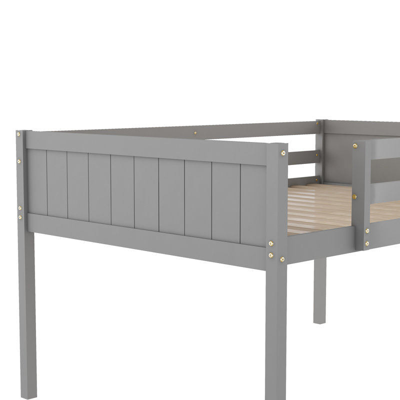 Lit mezzanine double gris avec structure en bois massif, fonction réglable, pas de sommier, assemblage simple, Lit double