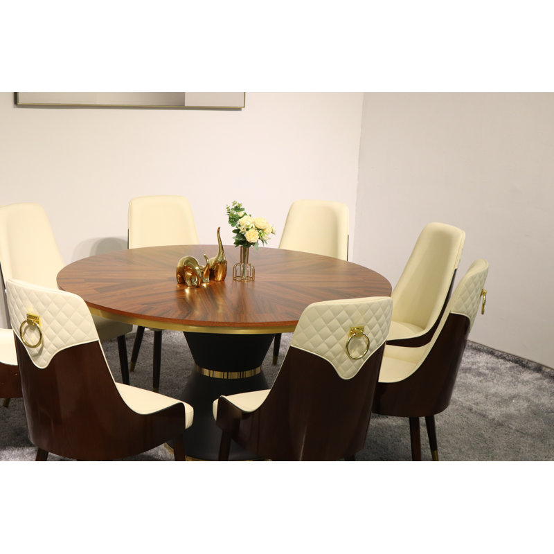 Vogue Lux Orange 61" Round Dining Set, Beige, 9 Pieces: Table, 8 Chairs, 31" H x 61" W x 61" D