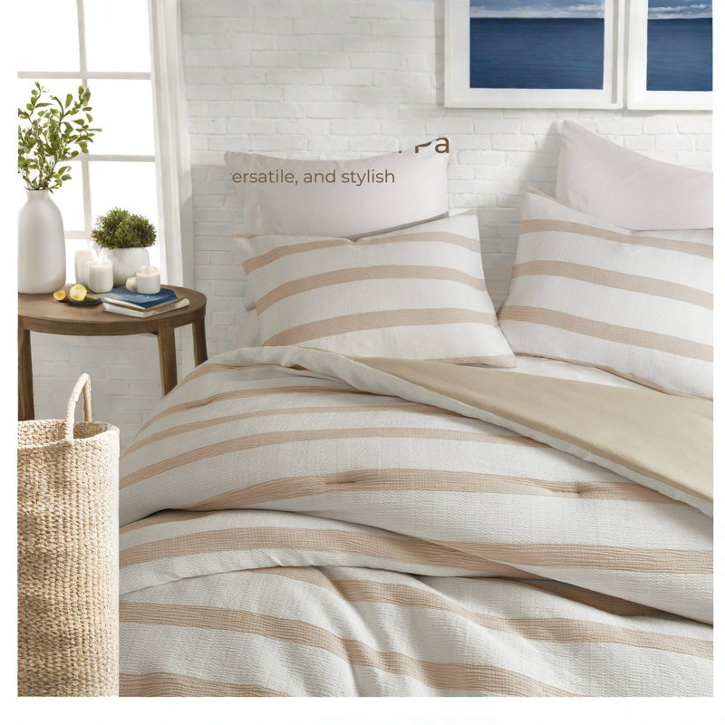 Ensembles de literie rayés de qualité supérieure teints en fil, édredon 3 pièces en polyester taupe, design minimaliste moderne pour une utilisation toutes saisons