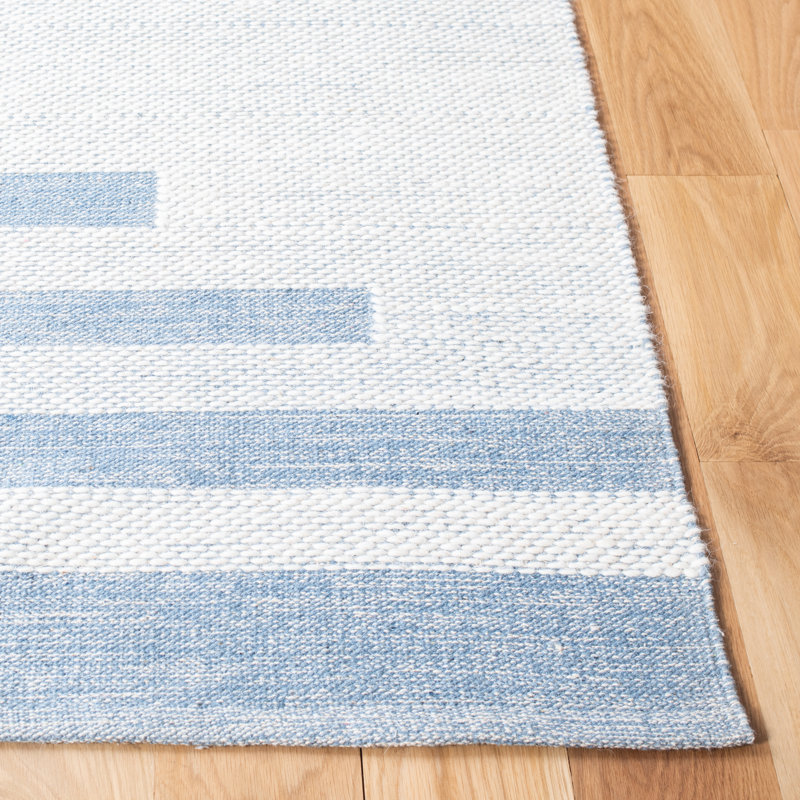 Wisen Hand Woven Cotton/Wool Striped Rug in Ivory/Blue, Rectangle 9' x 12'
