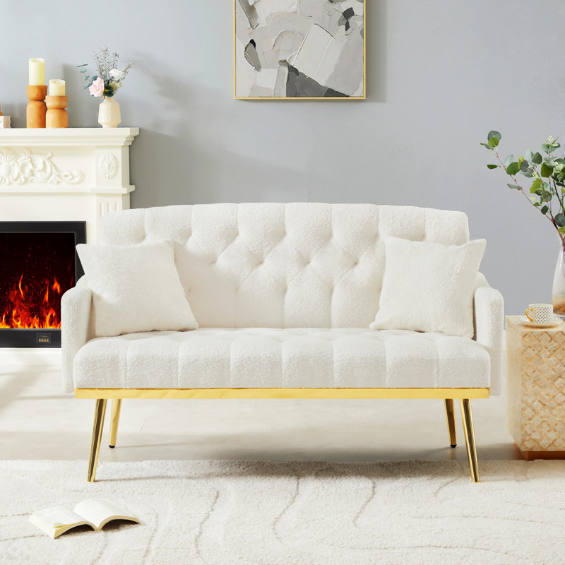 2 SEATER SOFA,Tufted Sofa with 2 Pillows, Accent Sofa, Cream White Teddy