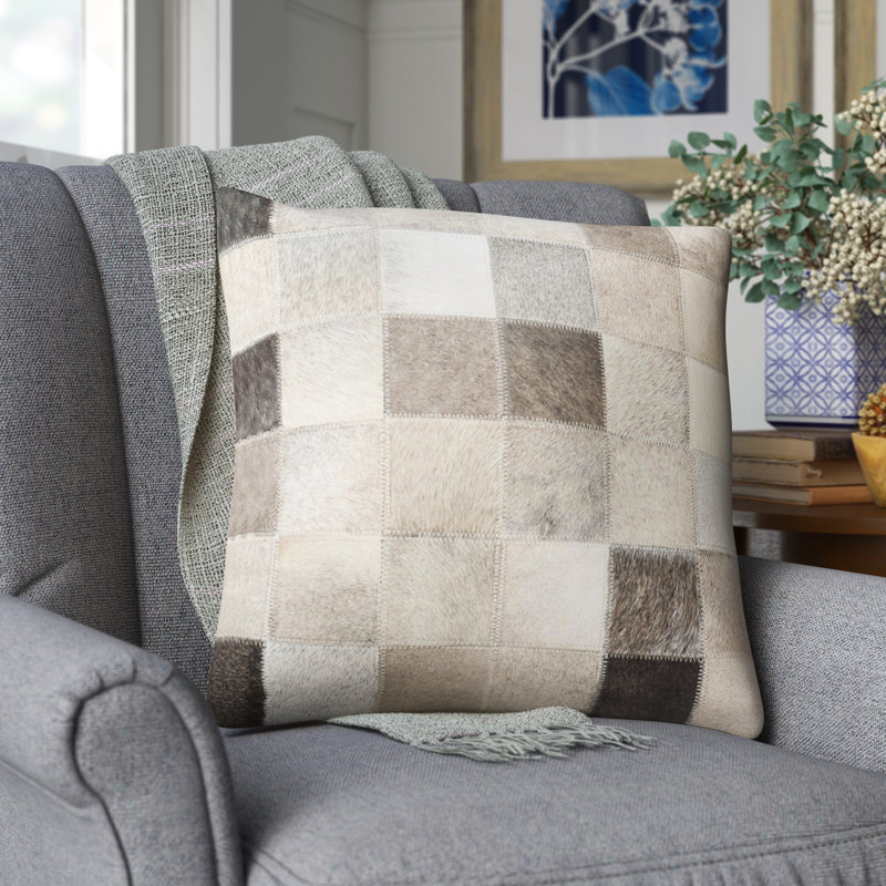 Checkered Leather/Suede Reversible Throw Pillow, 18" x 18"