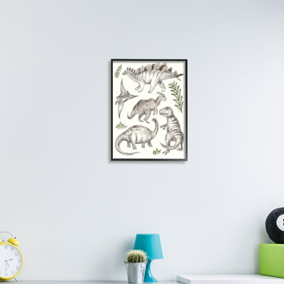 Dinosaures gris ludiques, plantes vertes minimes