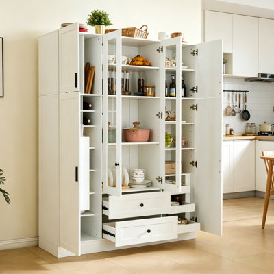 Modern 53" Wide Freestanding Kitchen Pantry Storage Cabinet With 6 Doors, Drawers & Built-In Wine Rack