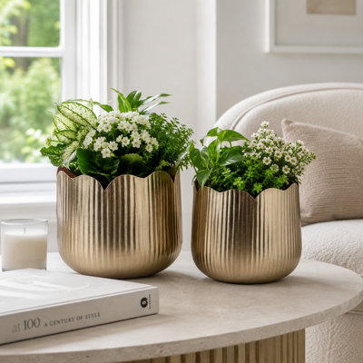 Pots de fleurs décoratifs côtelés en forme de tulipe pour la décoration intérieure - Pots de fleurs artistiques pour l'extérieur, le salon ou la terrasse - Lot de 2, 25 cm et 23 cm, doré