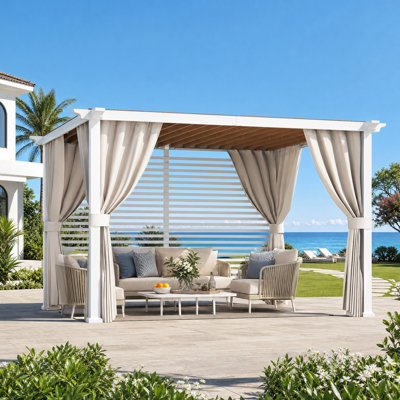 Palisade 10‘ X 12' Steel Frame Outdoor Patio Pegola With Slats Roof，Textilene Sun Shade Canopy Privacy Panel Screen Wall And Curtains For Backyard Garden And Deck Party