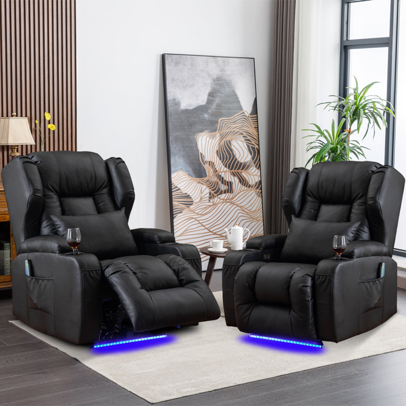 Aguilera Leather Power Recliner Chair Home Theater Seating with LED Lights and Cup Holders, Black Faux Leather