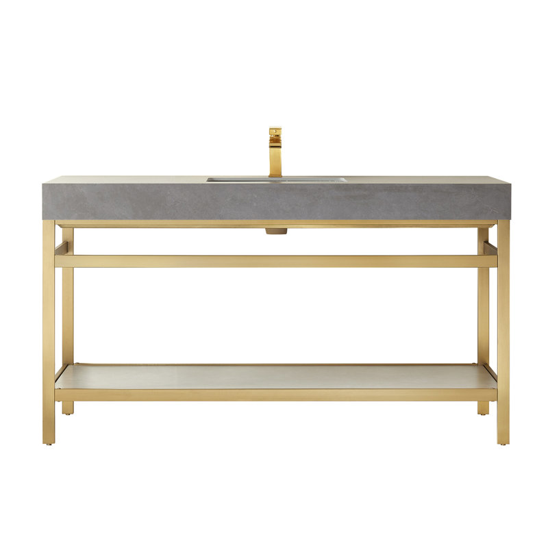60'' Single Bathroom Vanity with Stone Top, Limestone Slab Stone, Matte Black, Matte Black
