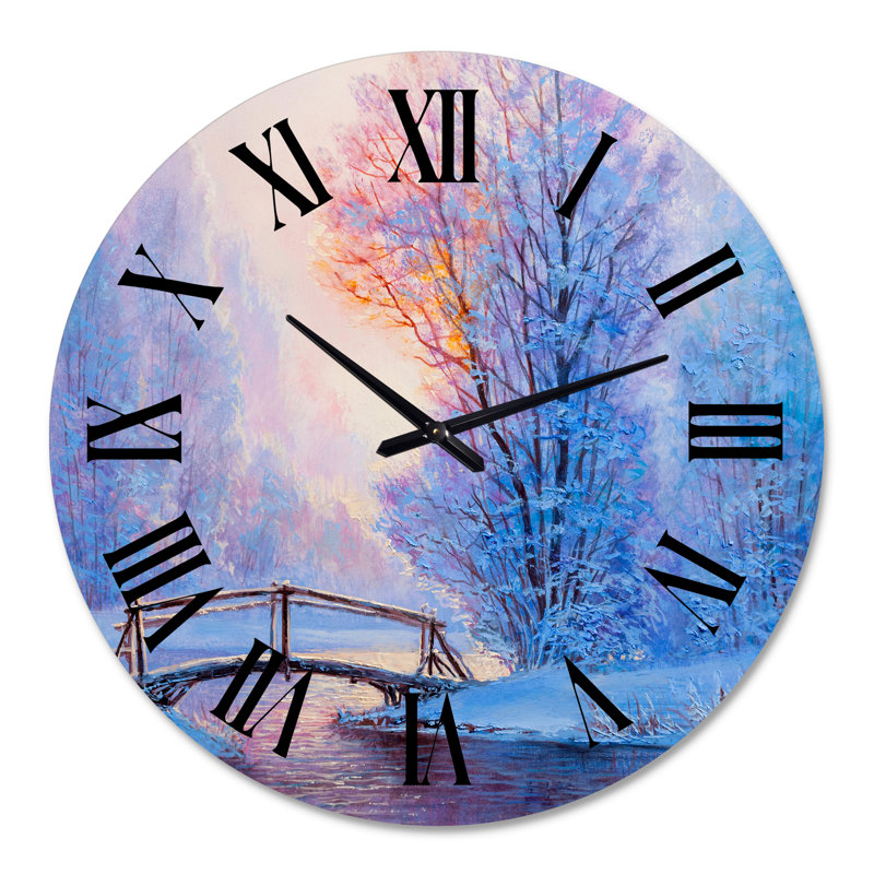 Paysage d'hiver avec une rivière et un pont - horloge murale Lake House, Surdimensionné