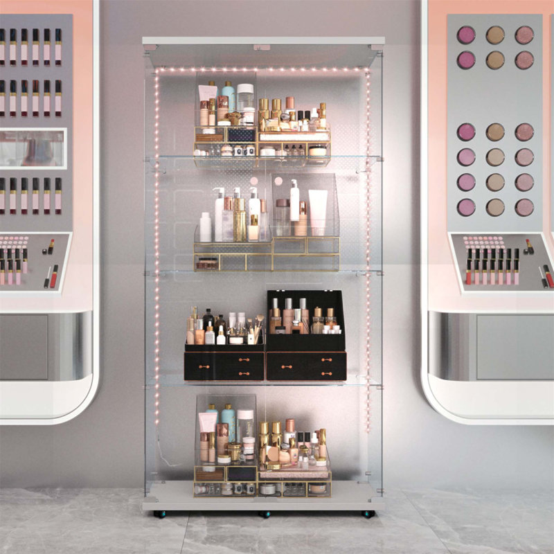 Vitrine en verre trempé et armoire de rangement avec lumière DEL, serrure et roulettes pour faciliter le déplacement, Blanc