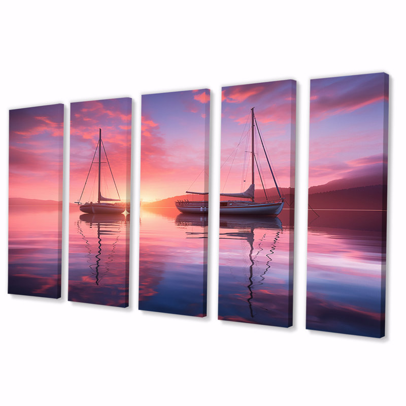Voilier rose bleu coucher de soleil réflexion II - bateau décoration murale - 5 panneaux égaux