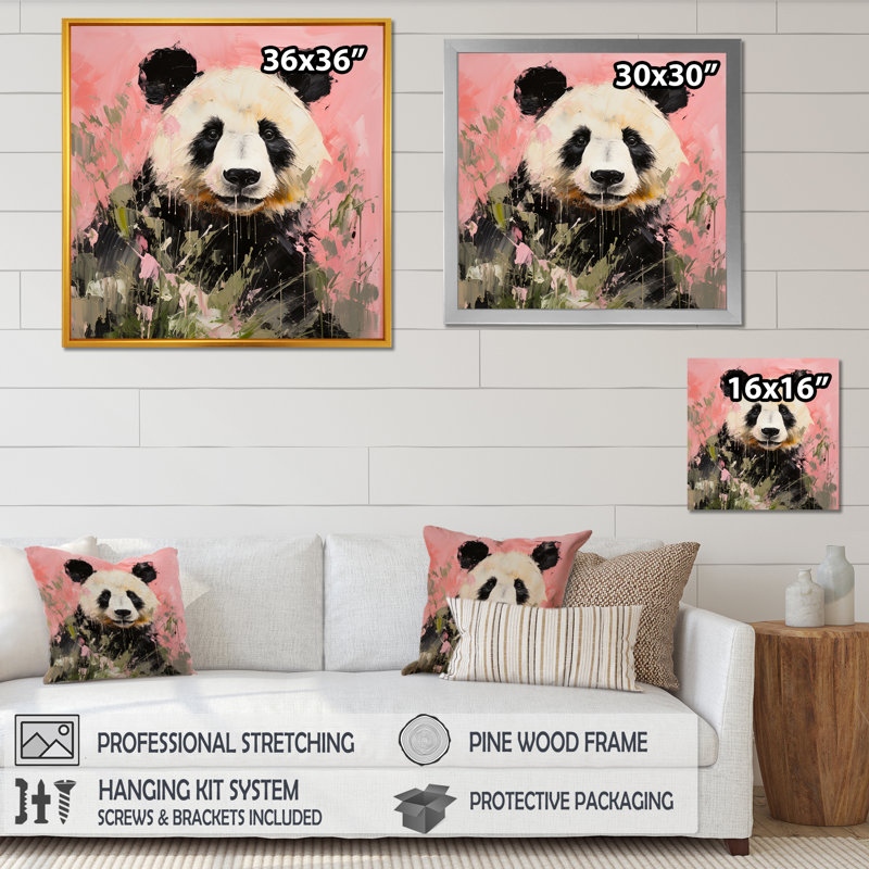 Panda blanc et rose en fleurs III - art mural animal panda, H 30 po x l 30 po x P 1,5 po, Cadre simple blanc
