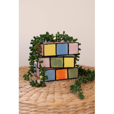  Ceramic Game Cube Bud Vase 5"H Multi-Color Glazed Decorative Vase