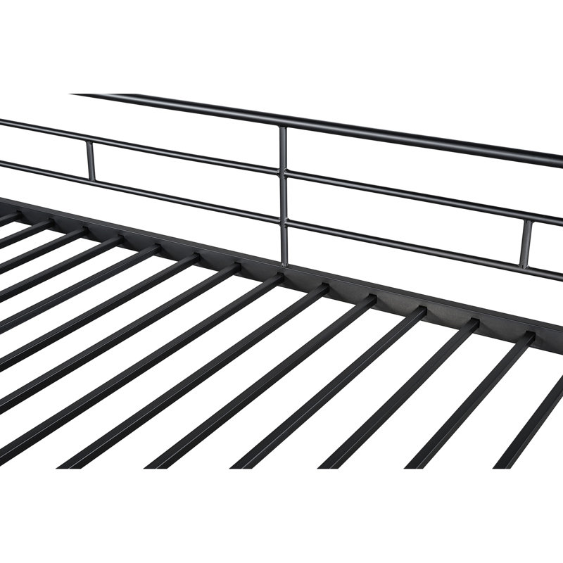 Lit mezzanine simple contemporain avec aire ouverte en dessous, structure en métal noir, angle attaché, fabrication complète, prêt pour le matelas, assemblage simple requis, style métal, espace au sol
