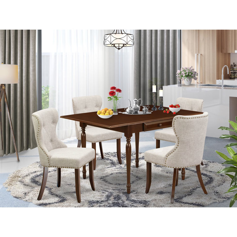 L'ensemble de mobilier de salle à manger 5 pièces comprend une table de salle à manger rectangulaire avec Dropleaf et 4 chaises Parsons en toile de lin, acajou