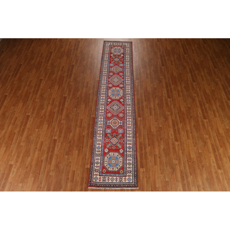 Tapis de couloir unique en laine noué à la main 2 pi 8 po x 12 pi 6 po nouvel âge en rouge / bleu / beige