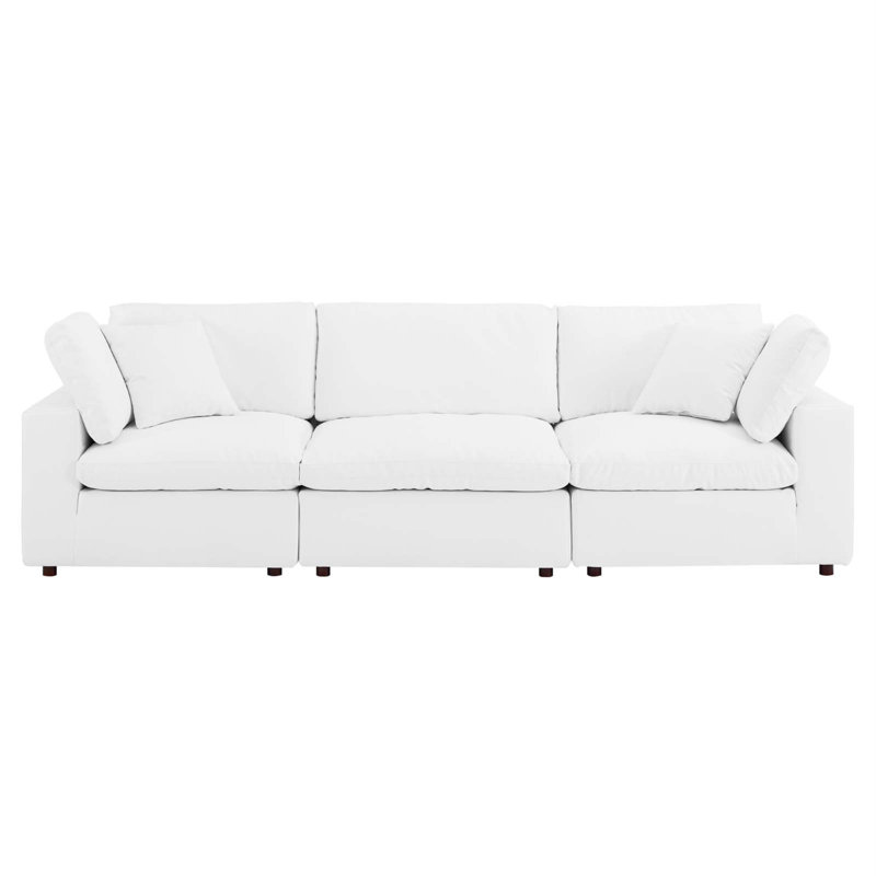 Commix Down Filled Overstuffed Vegan Leather 3-Seater Sofa, White Faux Leather