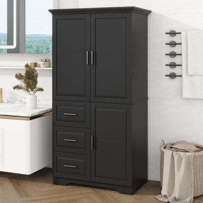 Armoire de rangement haute, armoire de rangement autoportante avec portes, trois tiroirs et tablette réglable, dispositif anti-basculement