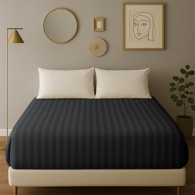 40cm Deep Pocket Microfiber Stripe Fitted Sheet, Black, Double (4'6)