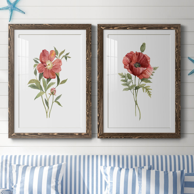 Pivoine écarlate - ensemble de 2 reproductions d'art, H 31,5 po x l 47 po x P 1,5 po, Papier, cadre noyer, Blanc