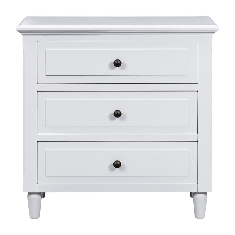 Table de chevet peinte de 28 po avec 3 tiroirs et rails coulissants, armoire de chevet simple avec poignée en métal, table d'appoint minimaliste avec pieds en caoutchouc pour canapé de chambre à coucher