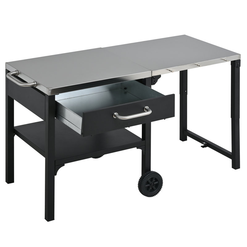 Chariot-bar de cuisine pliable d'extérieur Lark avec plateau en acier inoxydable, tiroir et roulettes, Noir