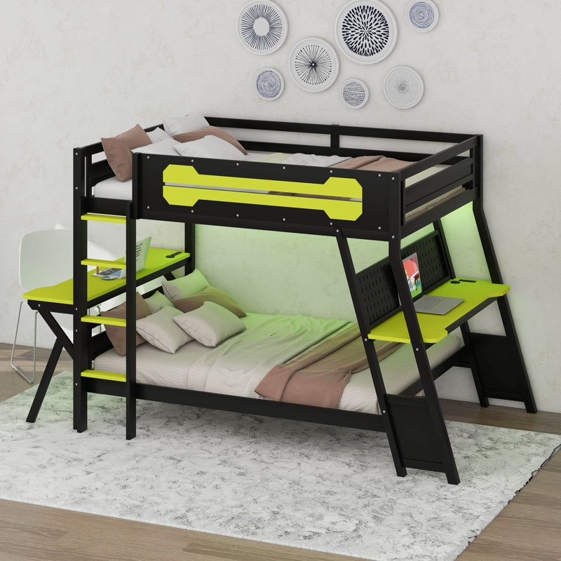 Lit superposé avec deux bureaux de jeu intégrés et ports USB, cadre de lit superposé en bois avec organisateur de panneau perforé, barrière de sécurité et échelle