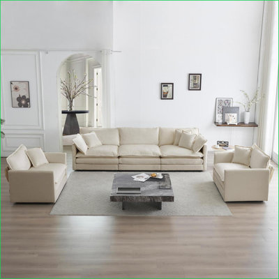 Sofas Modern 3-Piece Set: 2 Accent Chairs + 3-Seat for Living Room | Beige | Chenille