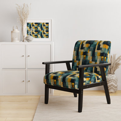 Yellow And Teal Abstract Geometric Fusion - Upholstered Modern Arm Chair, Modern Geometric Accent Chair