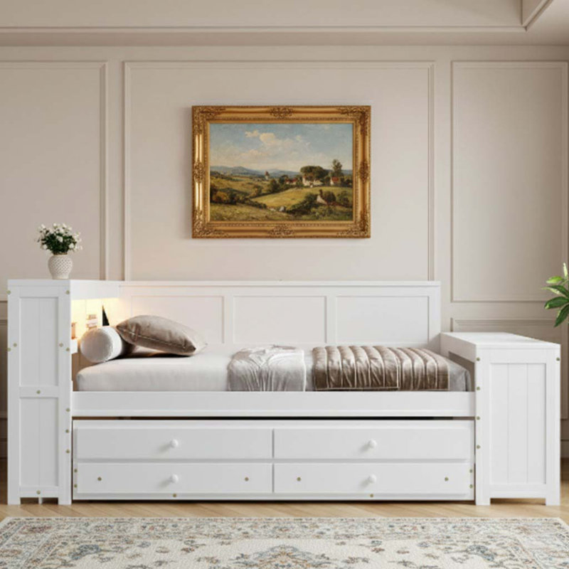 Full Size Daybed With Storage, Charging Station, LED Light, And Built-In Desk For Modern Living And Organization, White