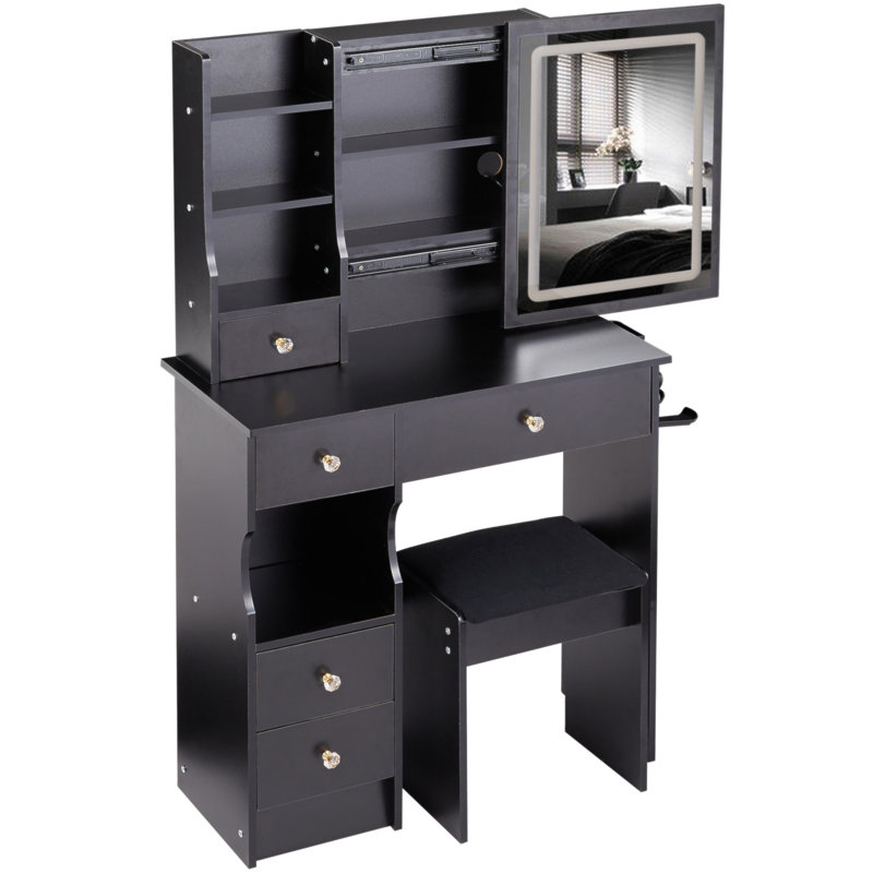 Petit meuble-lavabo de 29,2 po avec tiroir à gauche + tabouret rembourré, 2 blocs d'alimentation CA + 2 ports USB, support pour sèche-cheveux, très grand miroir coulissant à commande tactile à DEL, réglage de la luminosité tricolore, réglage de la luminosité