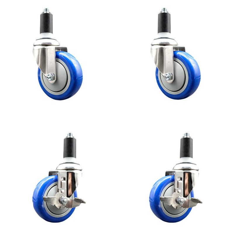 4 Inch 316SS Poly Swivel 1-3/8 Inch Expanding Stem Caster Set 2 Brake SCC, Green