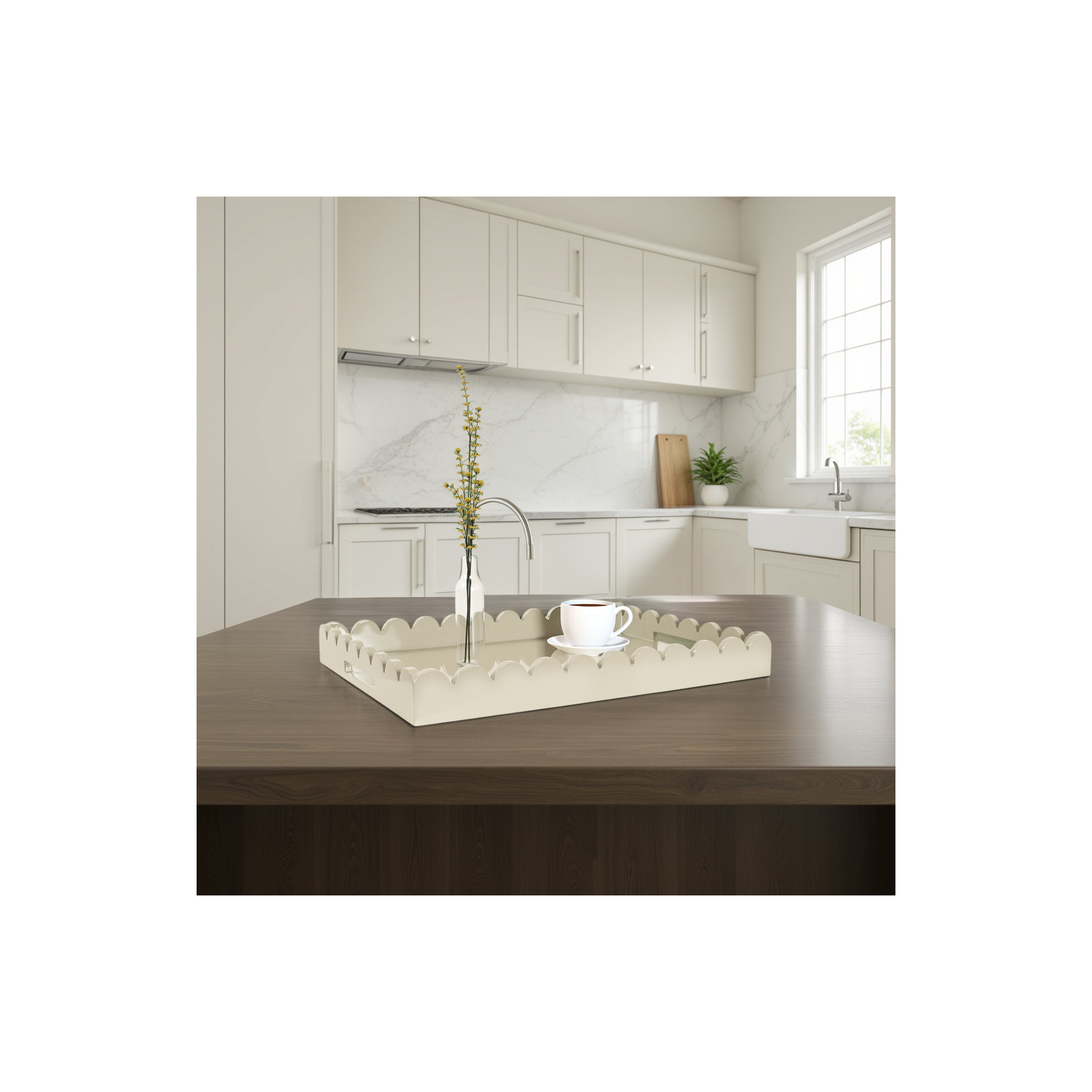 Hindley Hand-Crafted Rectangular Scalloped Wood Tray, Gray