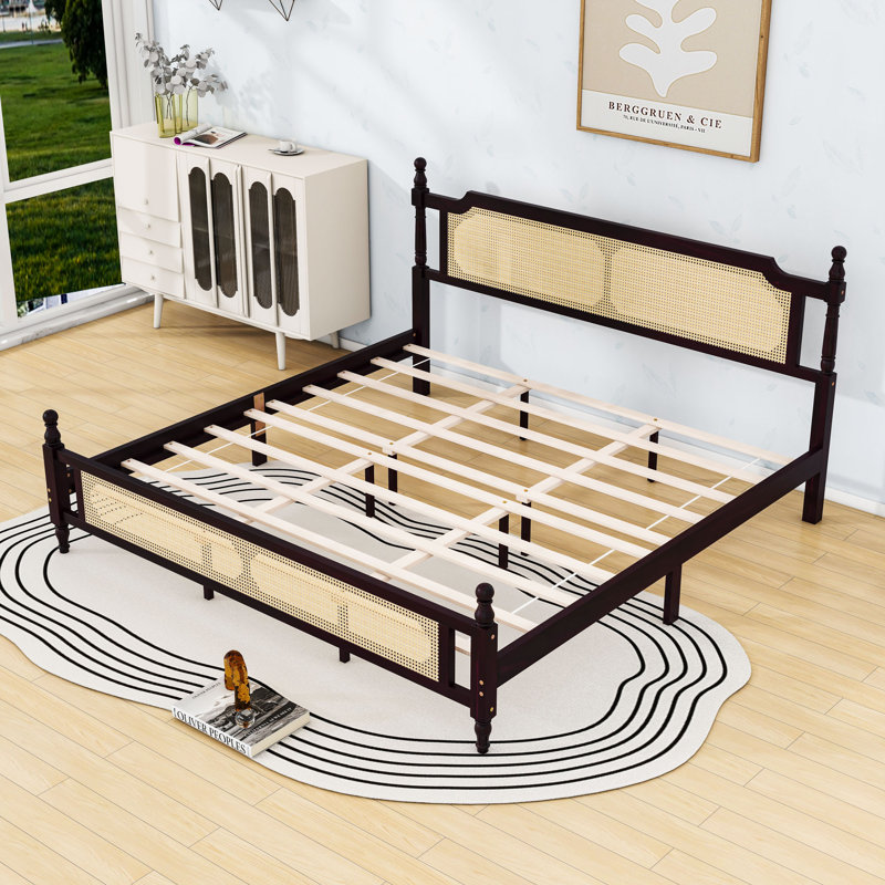 Base de lit en bois avec tête de lit en rotin, Espresso, Très grand