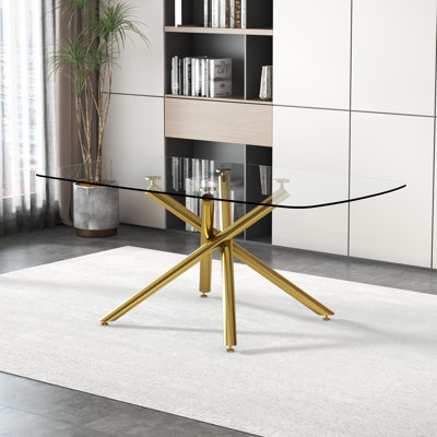 Grande table de salle à manger rectangulaire moderne avec plateau en verre trempé et pieds en métal doré