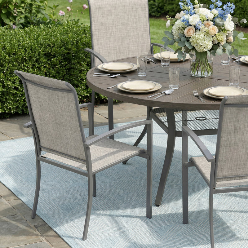 Ensemble de salle à manger de patio 6 personnes avec chaises empilables Textilene, Bois brossé gris / gris
